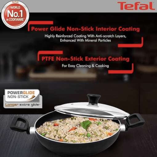 Tefal Delicia Powerglide Non-Stick Tawa 26 cm, Kadhai 24 cm, Fry 24 cm with Lid, Spatula (Pack of 4, Black), Standard, (B154S584) - Image 2